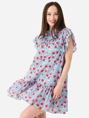 Oliphant Pintuck Flirty Dress Floral Cotton Ruffle Mini Dress Small